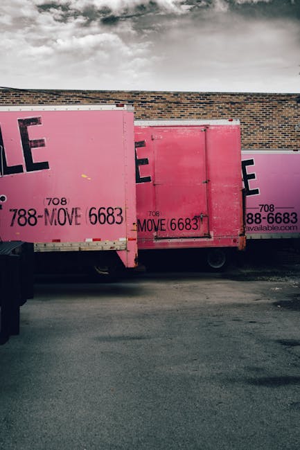 A man wearing work clothing, including a striped shirt and blue overalls, is seated on the open side door of a white moving van during a home relocation. He is holding a cardboard box on his lap and a